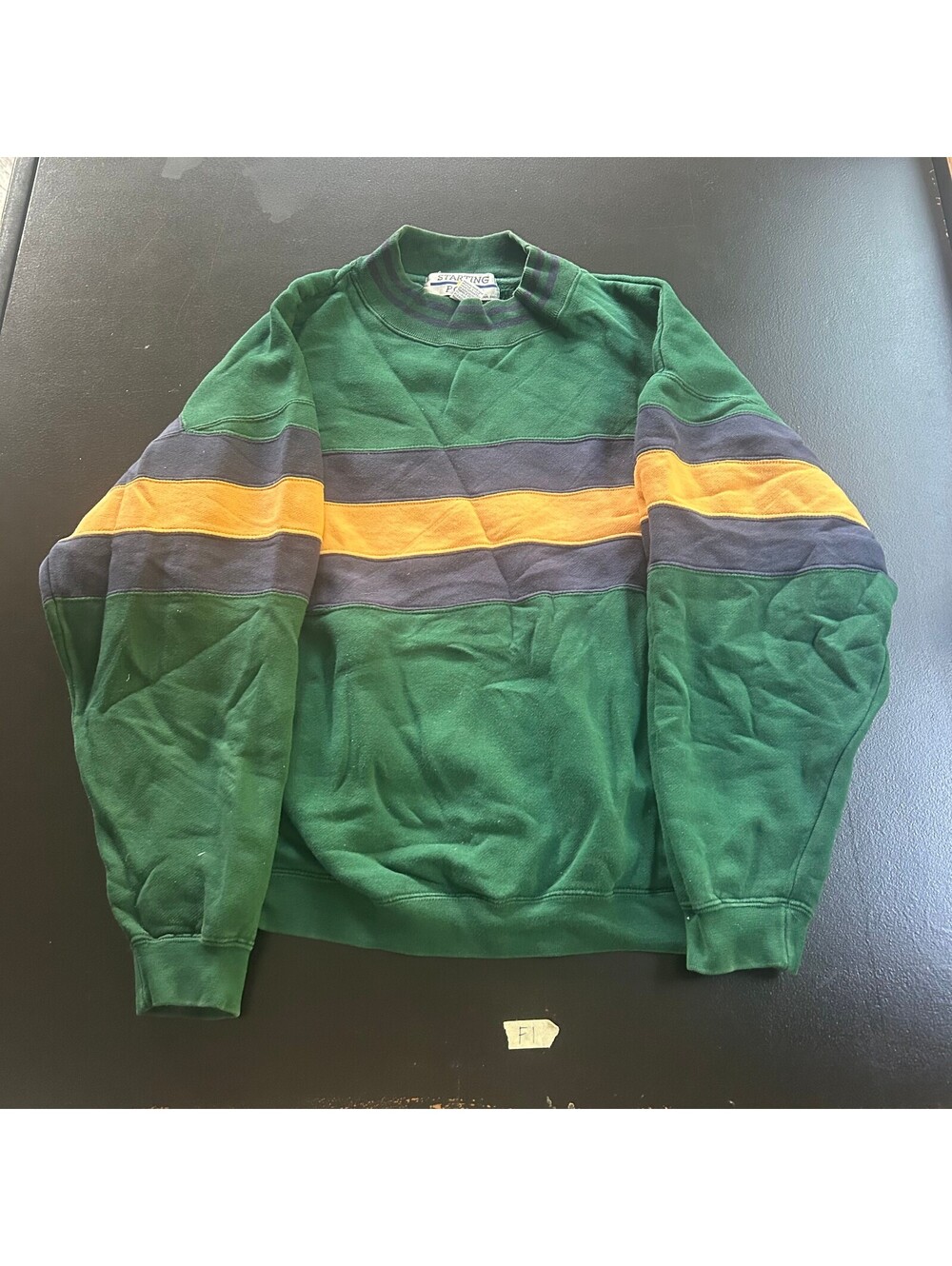 Starting Point Vintage Green Crewneck Sweatshirt with Yellow and Navy Stripes